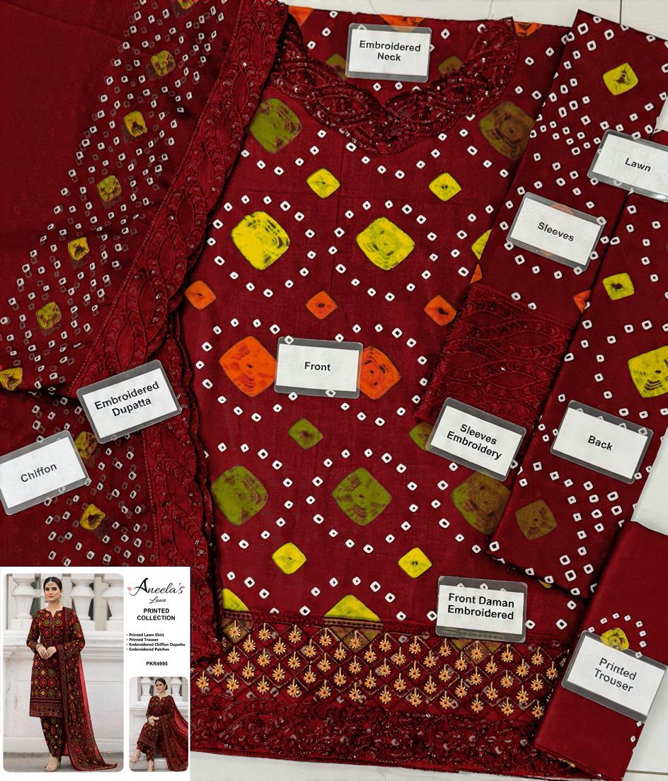 Aneela’s Collection Red Chunri Lawn 3PC Embroidered Suit with Chiffon Dupatta