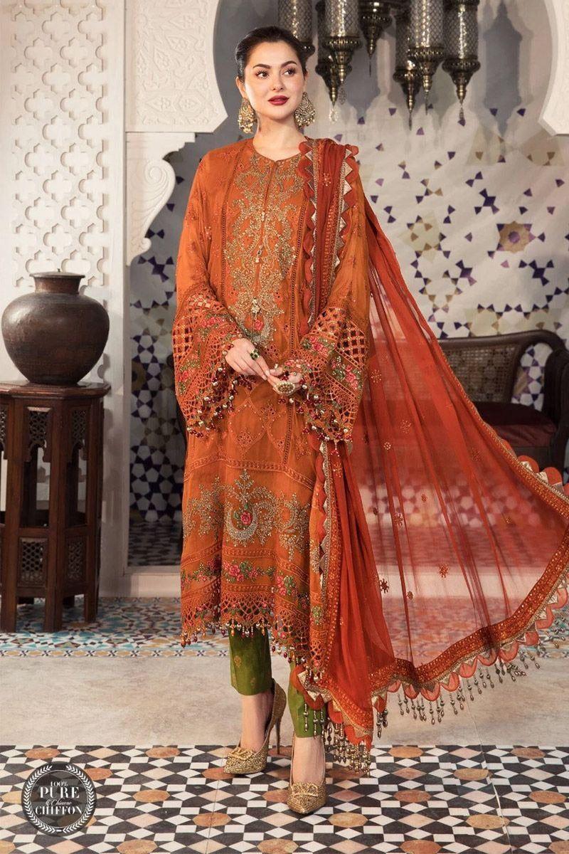 Maria B Sequins Embroidered 3 Piece Chiffon Suit With Malai Trouser