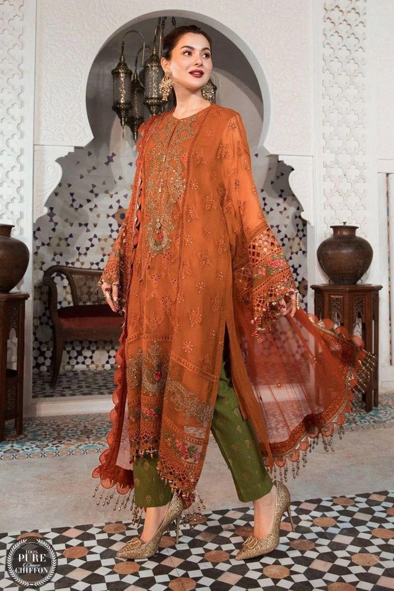 Maria B Sequins Embroidered 3 Piece Chiffon Suit With Malai Trouser