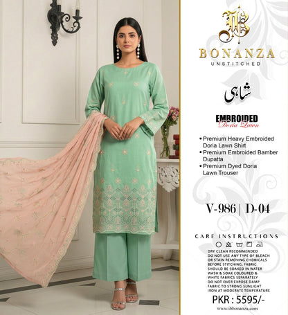 Bonanza Shahi Embroidered 3 Piece Pure Lawn Suit – Summer Collection