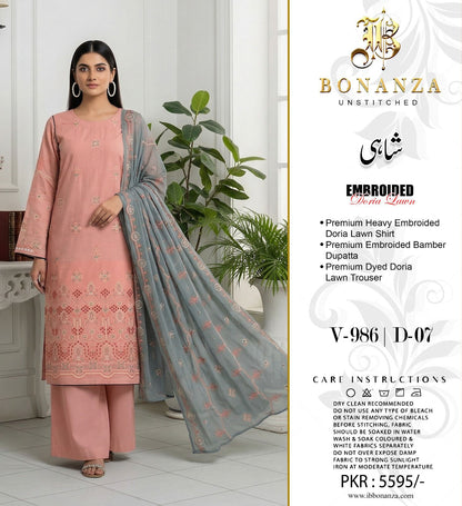 Bonanza Shahi Embroidered 3 Piece Pure Lawn Suit – Summer Collection