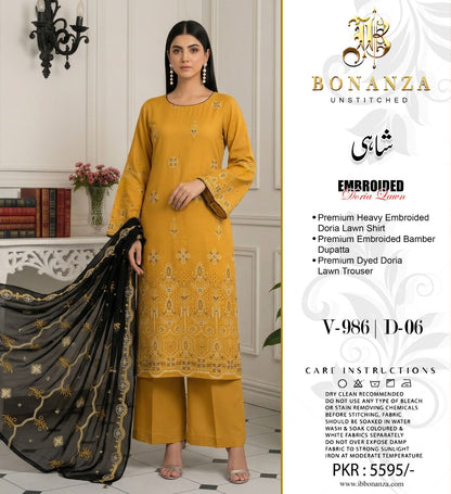 Bonanza Shahi Embroidered 3 Piece Pure Lawn Suit – Summer Collection