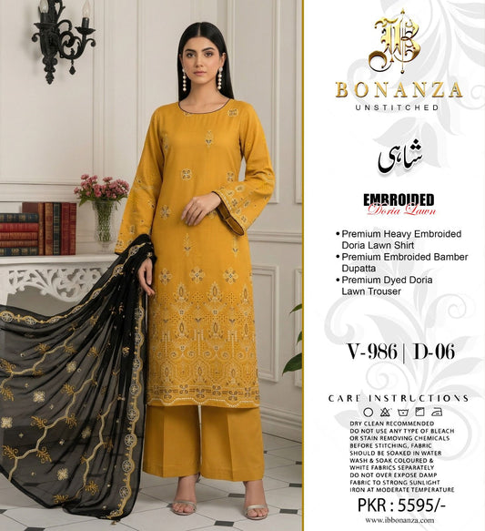 Bonanza Shahi Embroidered 3 Piece Pure Lawn Suit – Summer Collection