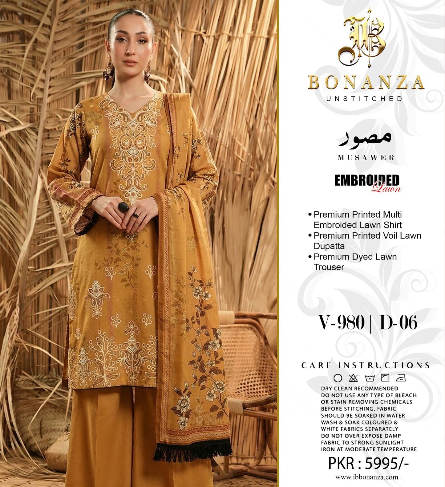 Bonanza Embroidered 3 Piece Pure Lawn Suit – Summer Collection