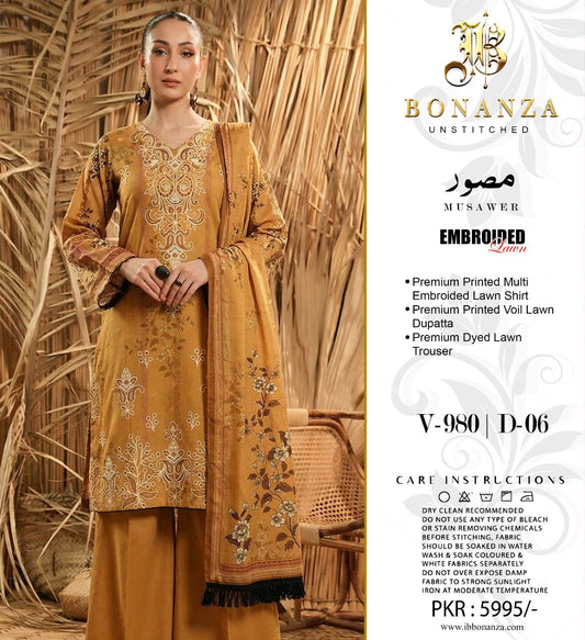 Bonanza Embroidered 3 Piece Pure Lawn Suit – Summer Collection