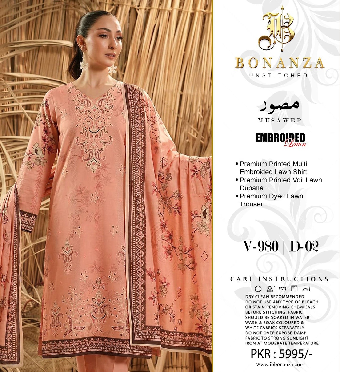 Bonanza Embroidered 3 Piece Pure Lawn Suit – Summer Collection