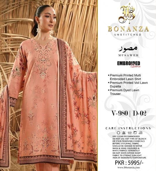 Bonanza Embroidered 3 Piece Pure Lawn Suit – Summer Collection