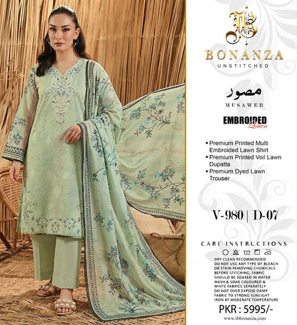Bonanza Embroidered 3 Piece Pure Lawn Suit – Summer Collection