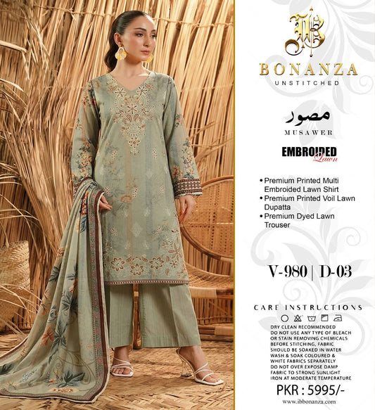 Bonanza Embroidered 3 Piece Pure Lawn Suit – Summer Collection