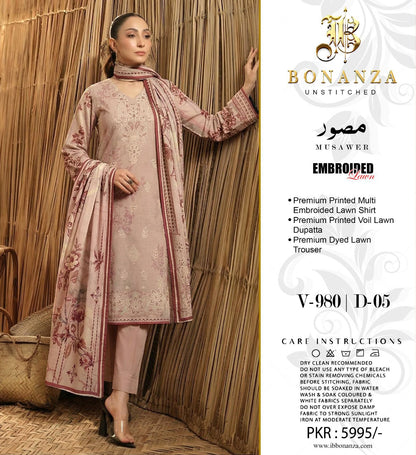 Bonanza Embroidered 3 Piece Pure Lawn Suit – Summer Collection