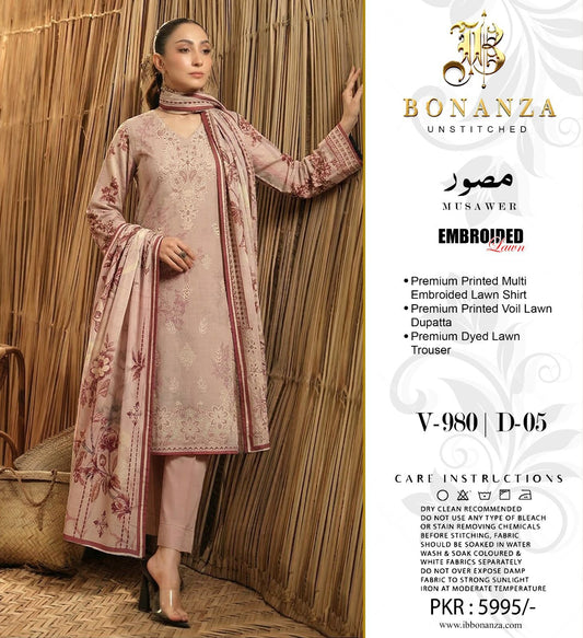 Bonanza Embroidered 3 Piece Pure Lawn Suit – Summer Collection