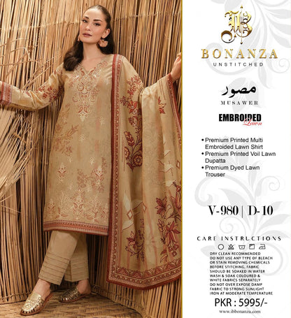 Bonanza Embroidered 3 Piece Pure Lawn Suit – Summer Collection