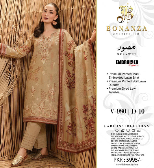 Bonanza Embroidered 3 Piece Pure Lawn Suit – Summer Collection