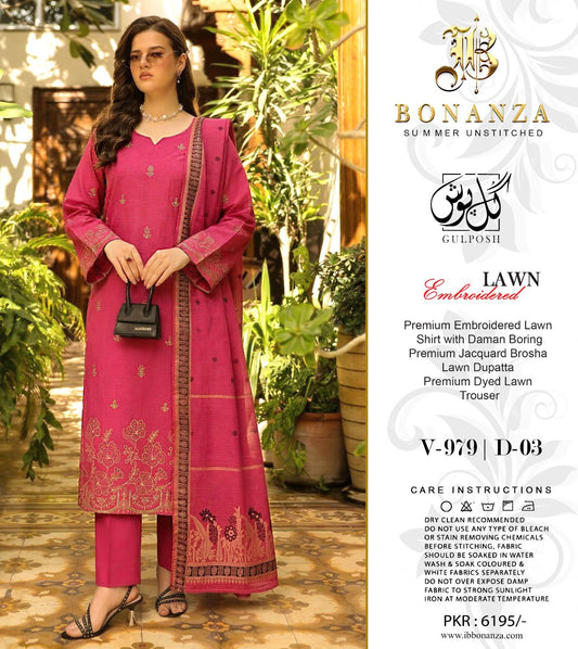 Bonanza Embroidered 3 Piece Pure Lawn Suit – Summer Collection