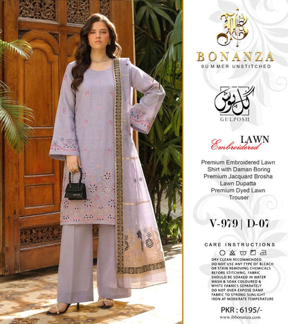 Bonanza Embroidered 3 Piece Pure Lawn Suit – Summer Collection