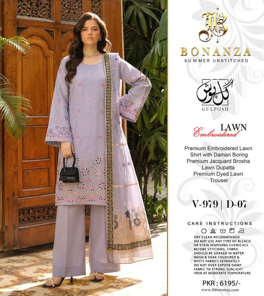 Bonanza Embroidered 3 Piece Pure Lawn Suit – Summer Collection