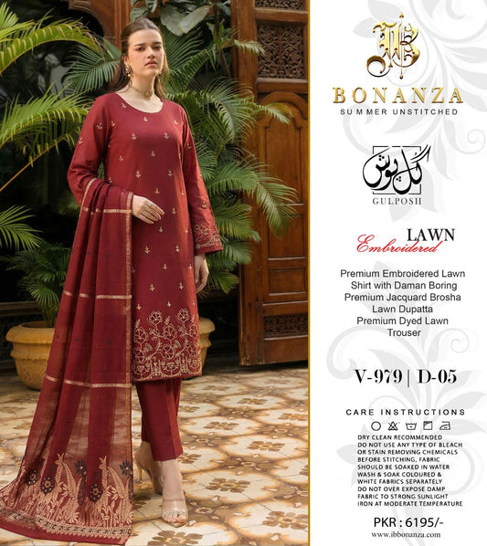 Bonanza Embroidered 3 Piece Pure Lawn Suit – Summer Collection