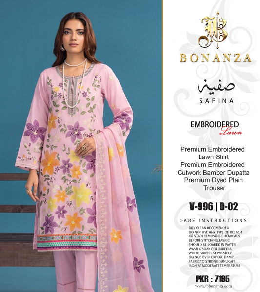 Bonanza Satrangi Embroidered 3 Piece Pure Lawn Suit – Summer Collection