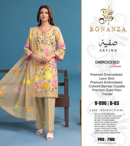 Bonanza Satrangi Embroidered 3 Piece Pure Lawn Suit – Summer Collection