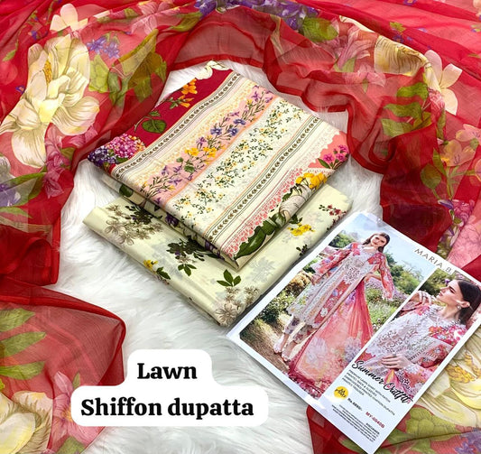 Maria B Lawn 3PC Suit 2026 New Design with Digital Printed Chiffon Dupatta