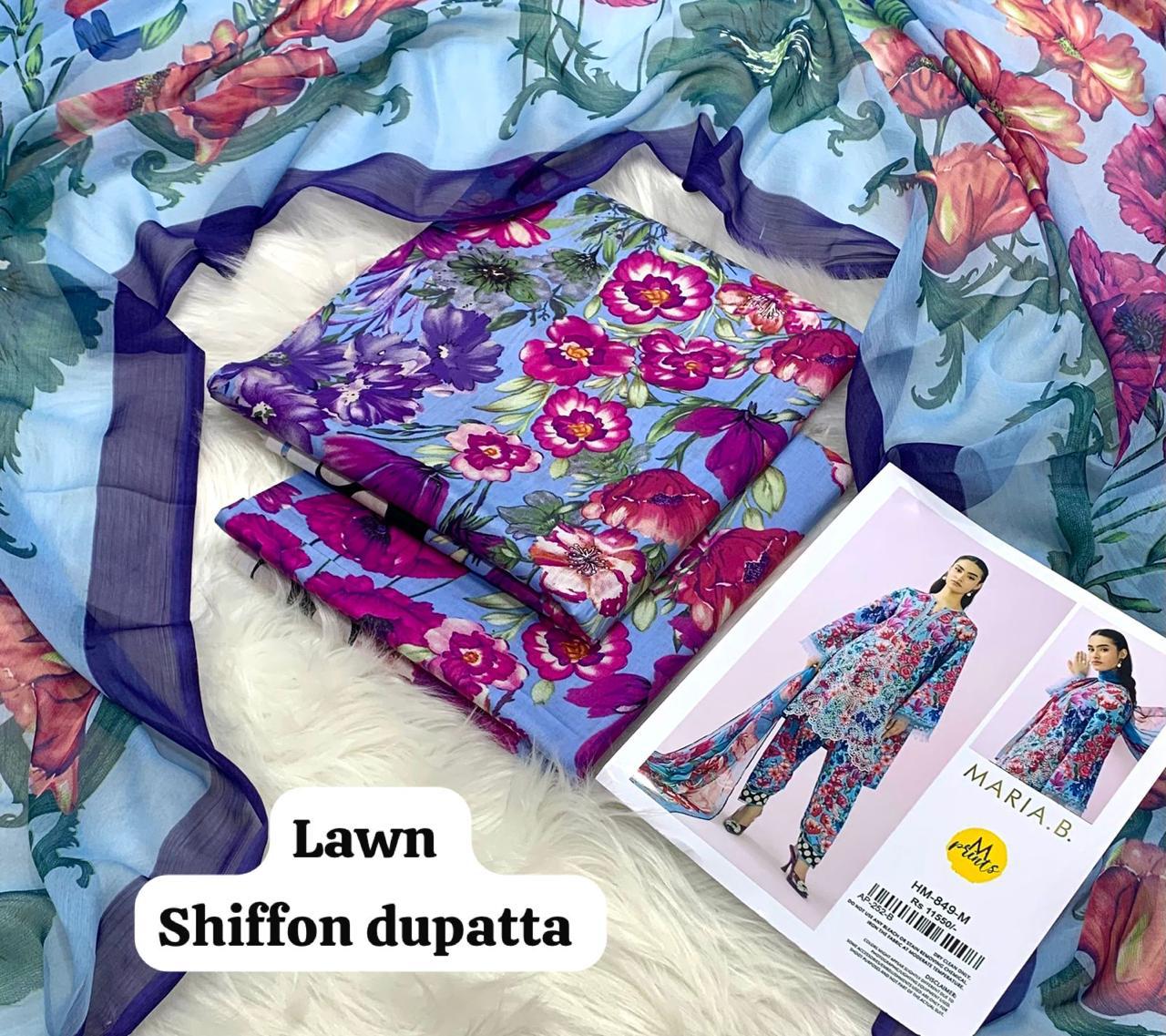 Maria B Lawn 3PC Suit 2026 New Design with Digital Printed Chiffon Dupatta