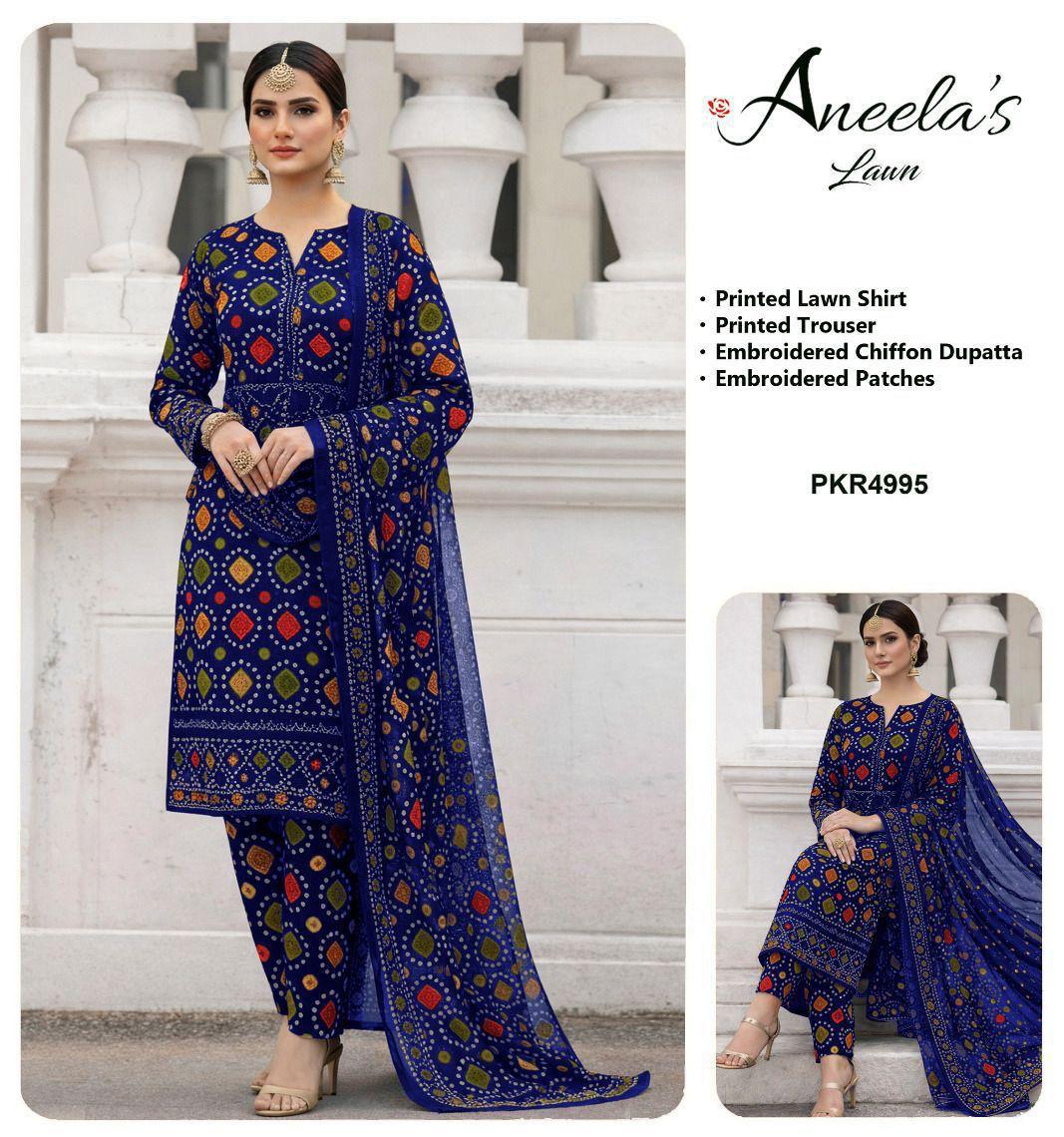 Aneela’s Collection Red Chunri Lawn 3PC Embroidered Suit with Chiffon Dupatta