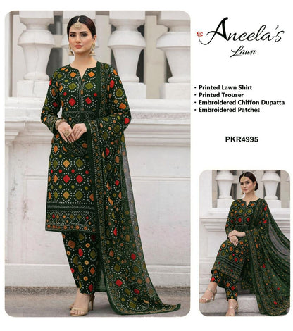 Aneela’s Collection Red Chunri Lawn 3PC Embroidered Suit with Chiffon Dupatta