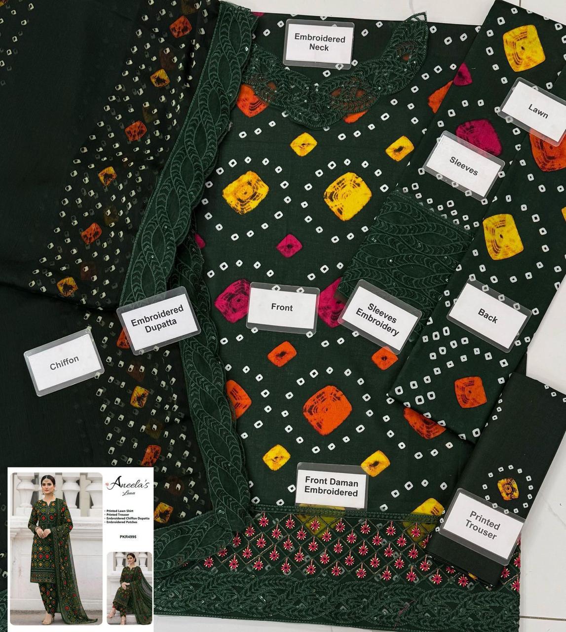 Aneela’s Collection Red Chunri Lawn 3PC Embroidered Suit with Chiffon Dupatta
