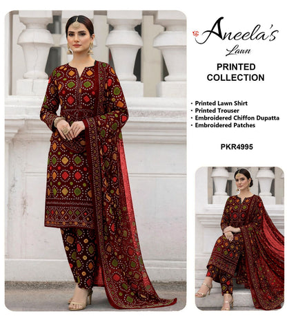 Aneela’s Collection Red Chunri Lawn 3PC Embroidered Suit with Chiffon Dupatta