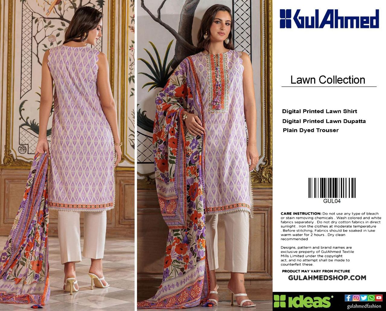 Gul Ahmed Digital Printed Lawn 3PC Suit with Printed Lawn Dupatta