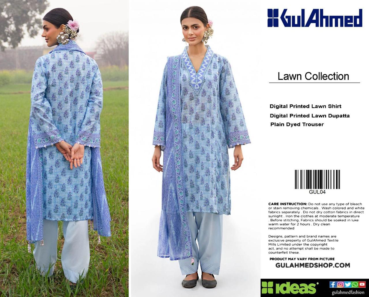 Gul Ahmed Digital Printed Lawn 3PC Suit with Printed Lawn Dupatta