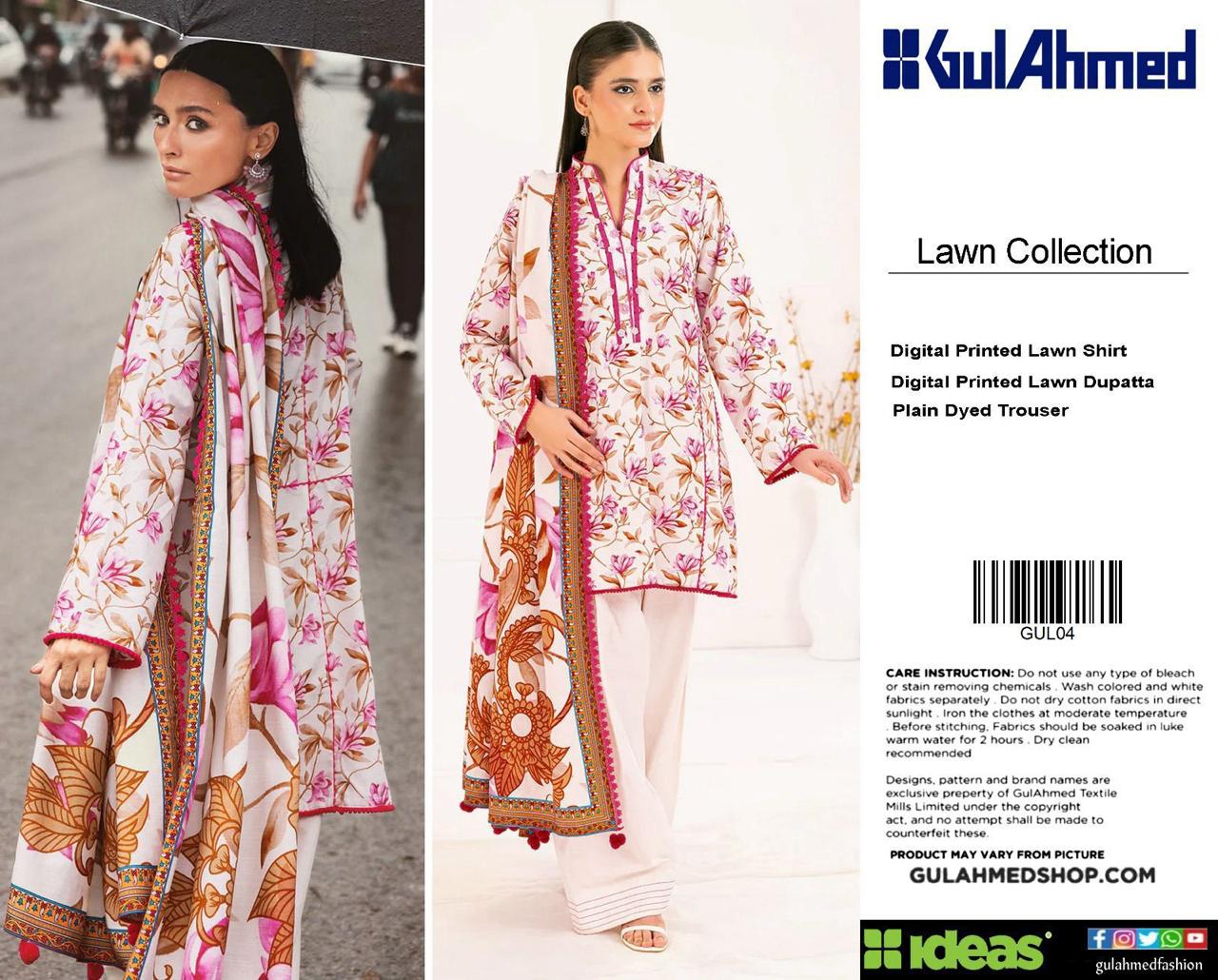Gul Ahmed Digital Printed Lawn 3PC Suit with Printed Lawn Dupatta