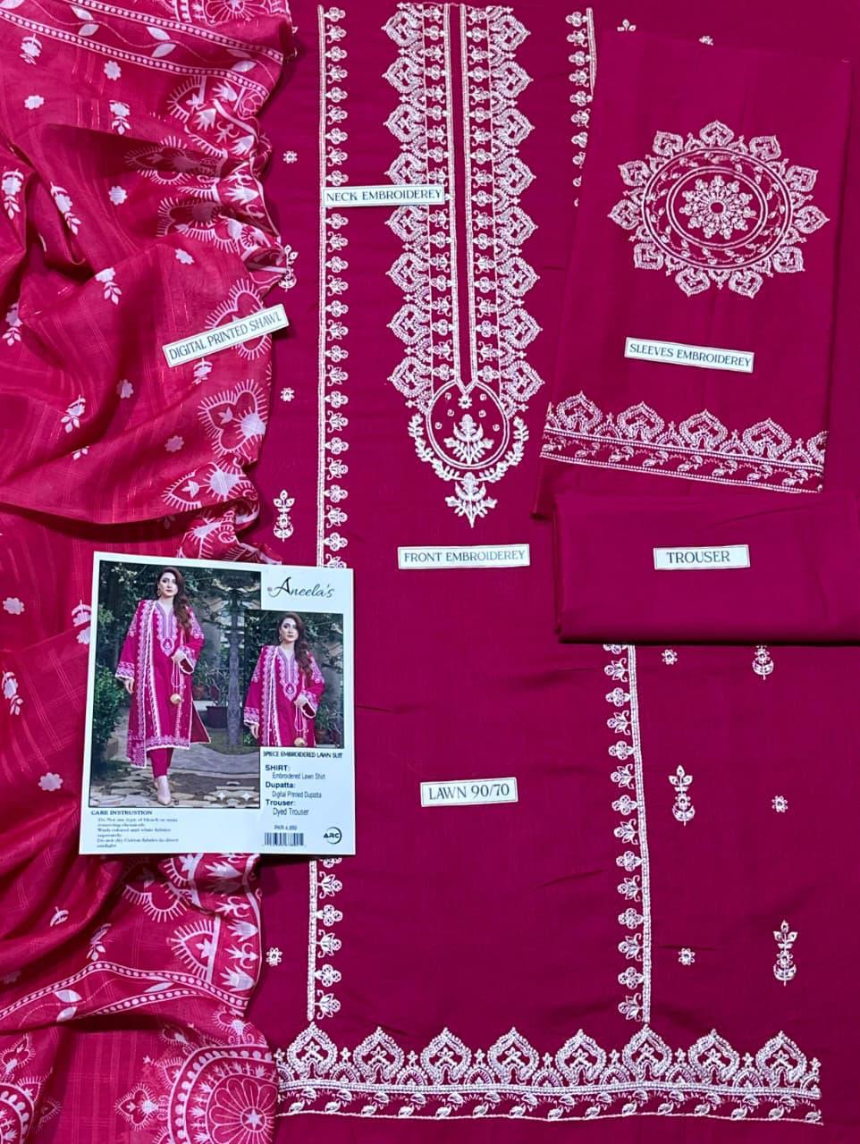 Aneela’s Lawn 3 Piece Embroidered Summer Collection | Airjet Lawn Suit