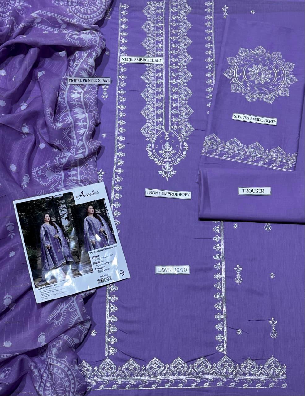 Aneela’s Lawn 3 Piece Embroidered Summer Collection | Airjet Lawn Suit