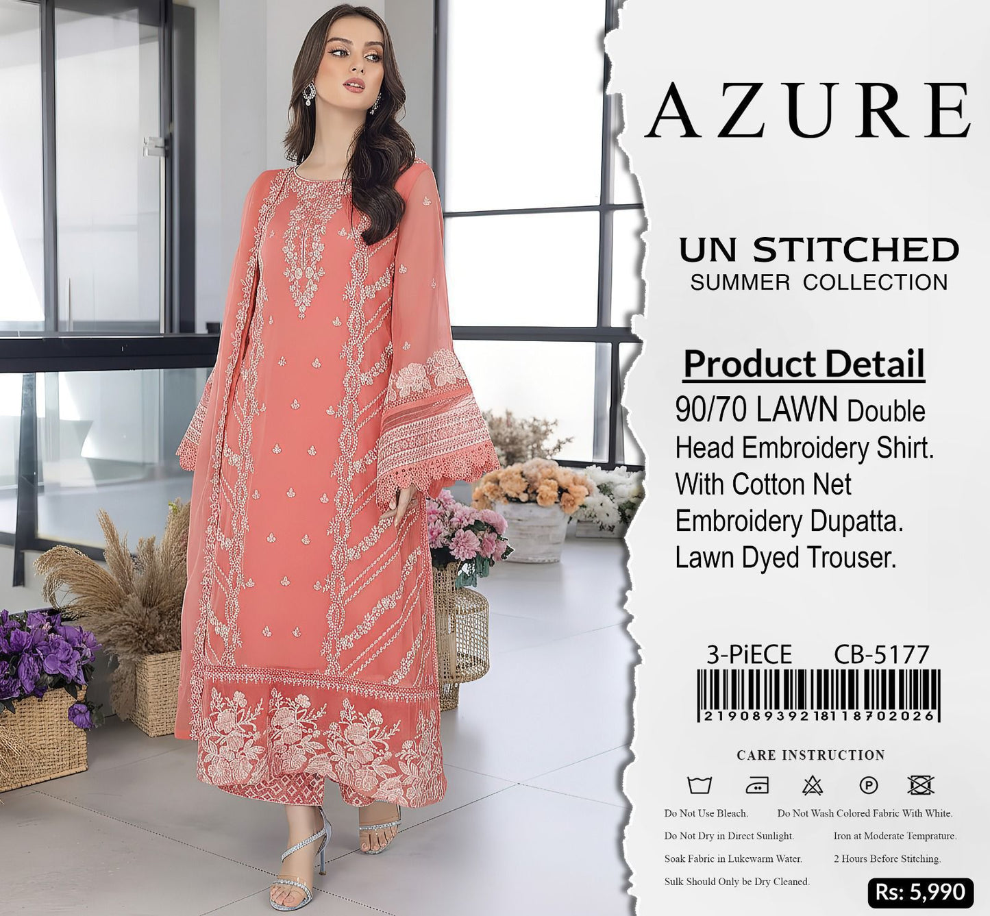AZURE 5177 Luxury Embroidered 3 Piece Airjet Lawn Suit With Cotton Net Dupatta
