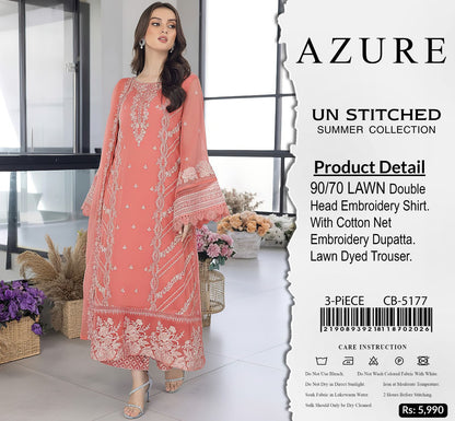 AZURE 5177 Luxury Embroidered 3 Piece Airjet Lawn Suit With Cotton Net Dupatta