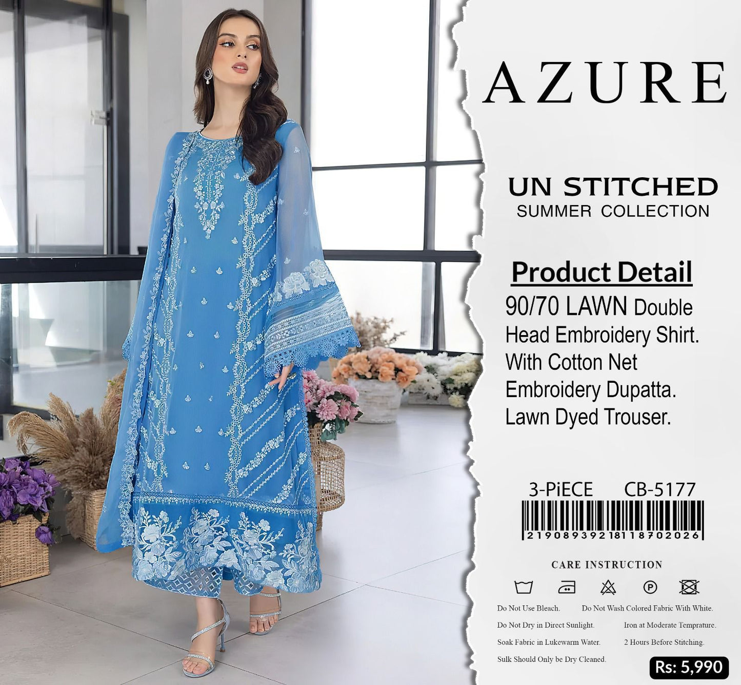 AZURE 5177 Luxury Embroidered 3 Piece Airjet Lawn Suit With Cotton Net Dupatta