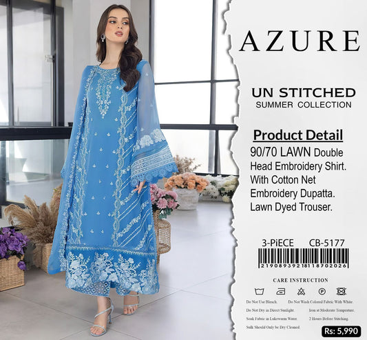 AZURE 5177 Luxury Embroidered 3 Piece Airjet Lawn Suit With Cotton Net Dupatta