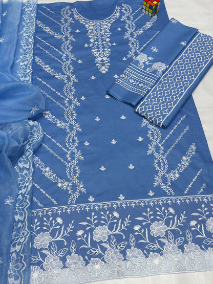 AZURE 5177 Luxury Embroidered 3 Piece Airjet Lawn Suit With Cotton Net Dupatta